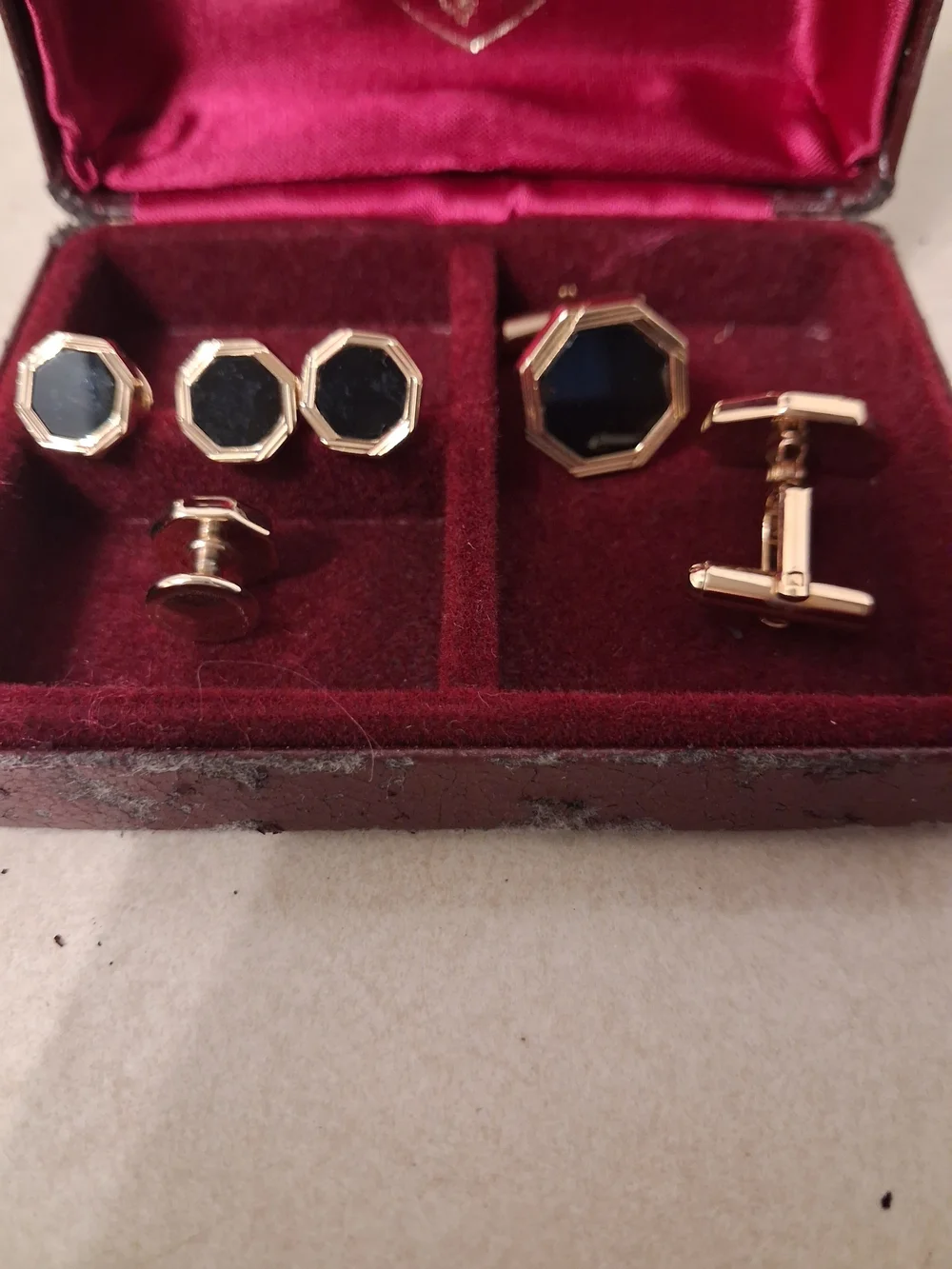 Gold-Tone and Black Octagon Cufflink and Shirt Stud Set